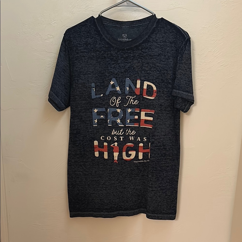 Bold Blue and Red Short Sleeve Tee with Patriotic Text
